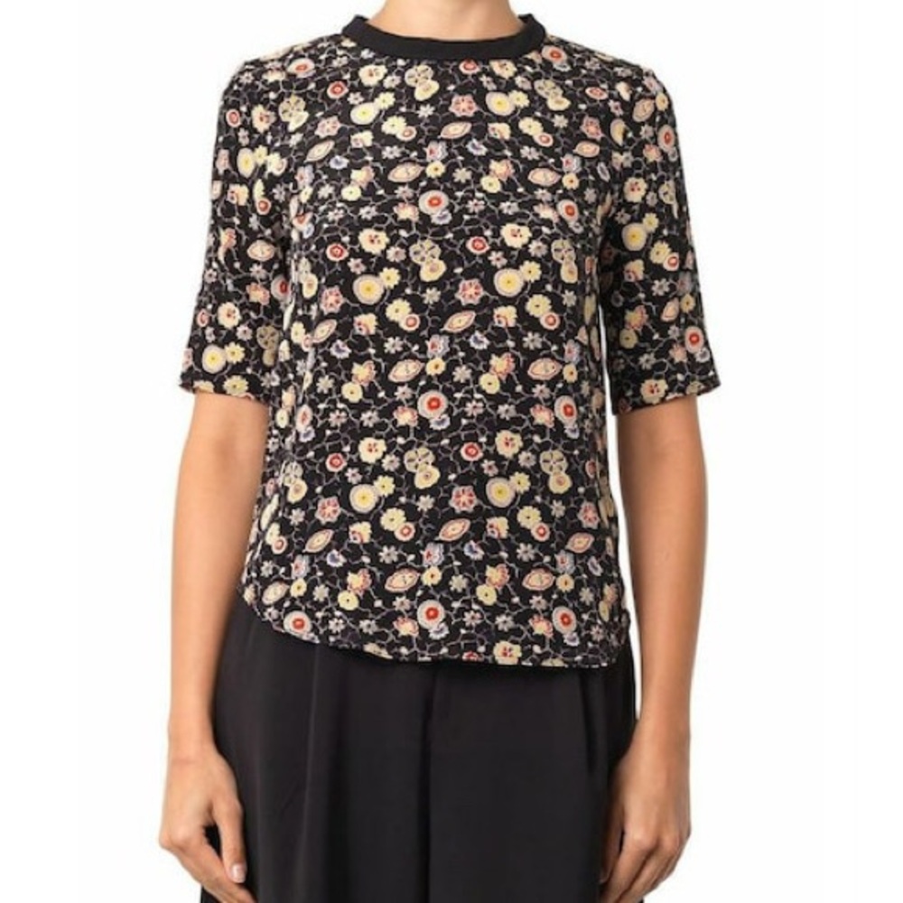 Elizabeth and James Black Floral Silk Short Sleeve Tee